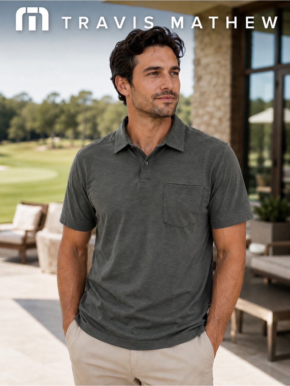 TravisMathew Dark Olive Cloud Slub Pocket Polo M